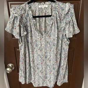 Rose & Olive Floral Print Women's Blouse Flowy Office Blue and White Spring 1X